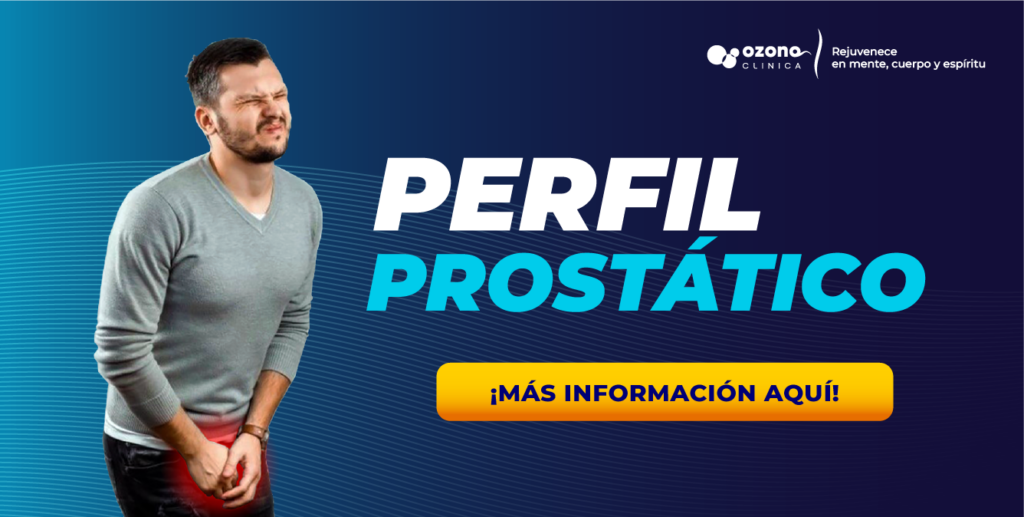 Hombre con dolor en la zona baja del abdomen, con texto “Perfil Prostático” en imagen promocional de Ozonoclinica
