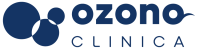 Logotipo institucional de Clínica Ozono con diseño de esferas azules y tipografía moderna.