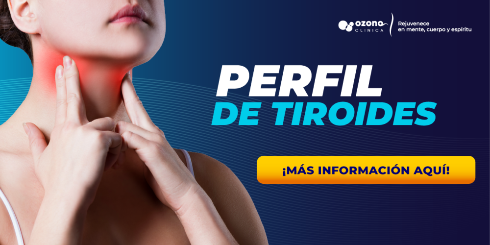 Imagen de mujer tocando su cuello con enrojecimiento en la zona tiroidea, junto al texto “Perfil de Tiroides” en banner de Ozonoclinica